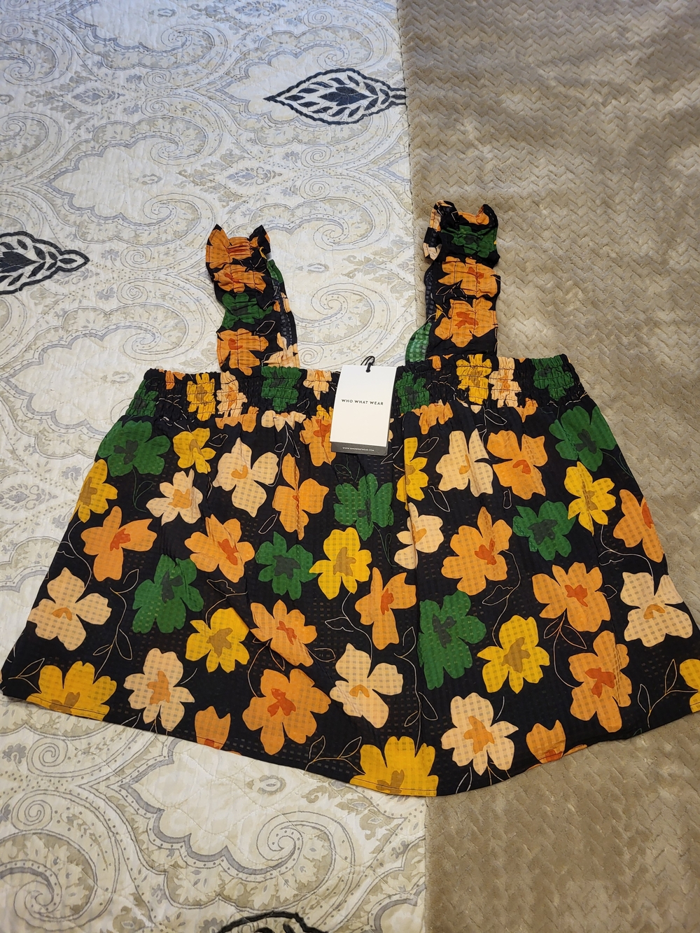 Who What Wear Black Crop Top with Yellow & Green Floral Print
